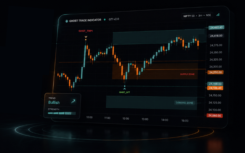 Ghost Trade Indicator on a TradingView chart — demand & supply zones with trend and strength readout